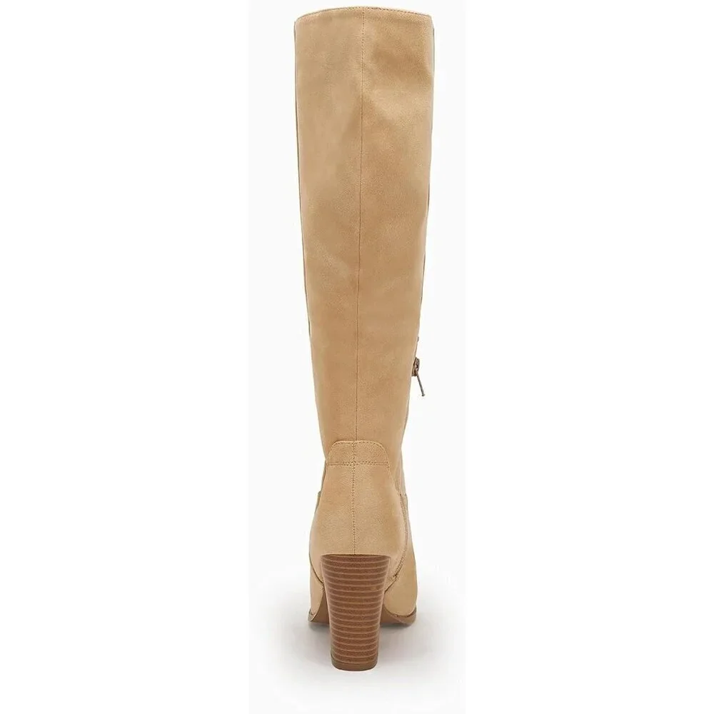 Women Faux Sueder Khaki Knee High Chunky Heel Side Zipper Stretch Winter Boot